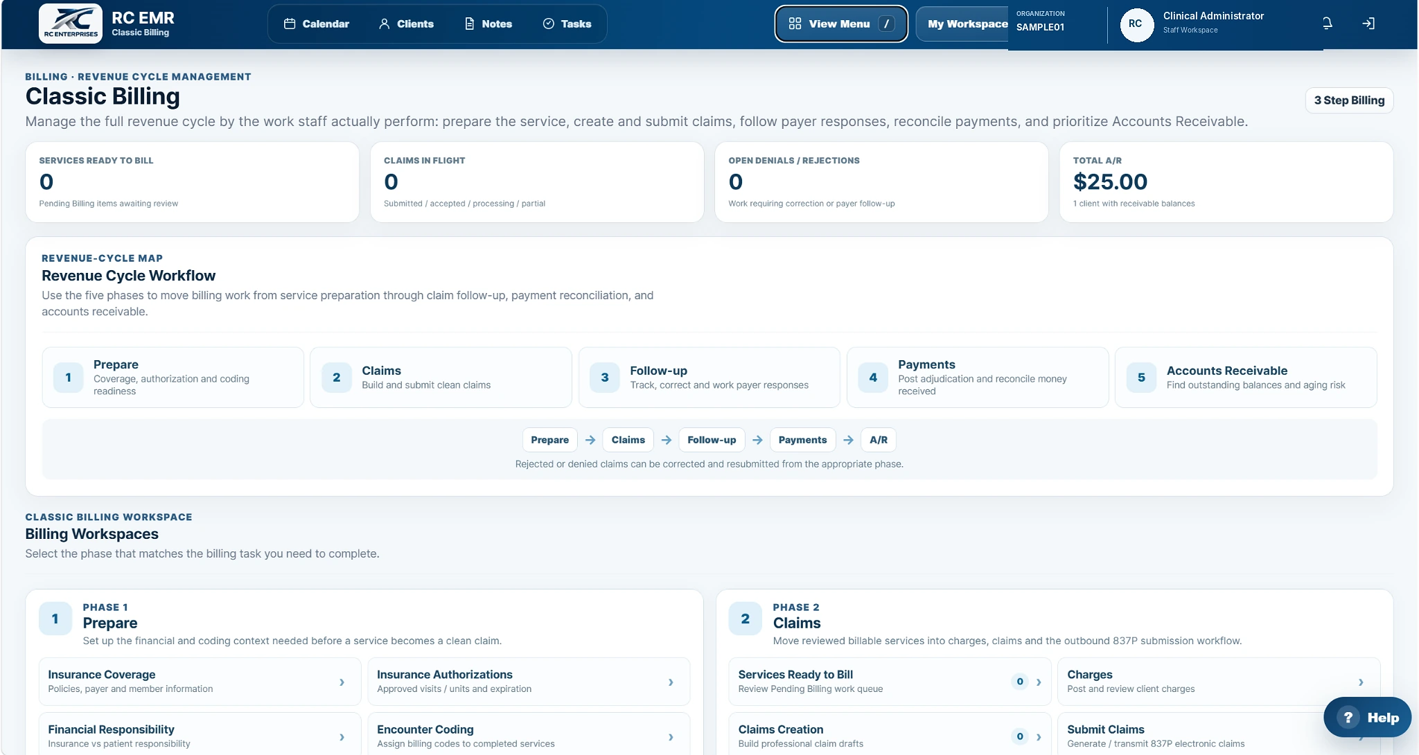 RC EMR billing workspace with five revenue-cycle phases