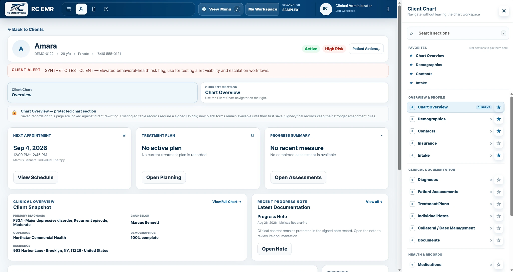 RC EMR client chart overview with the chart navigator open