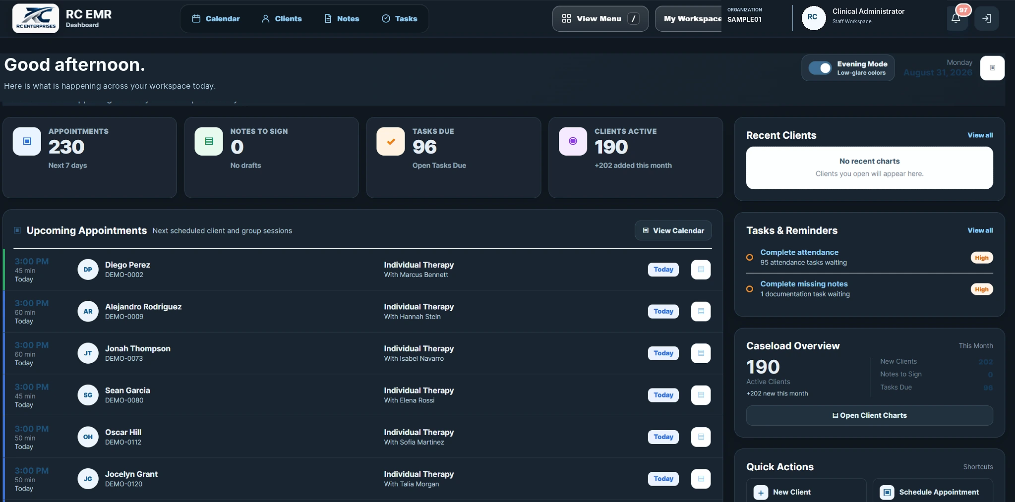 RC EMR dashboard in evening mode