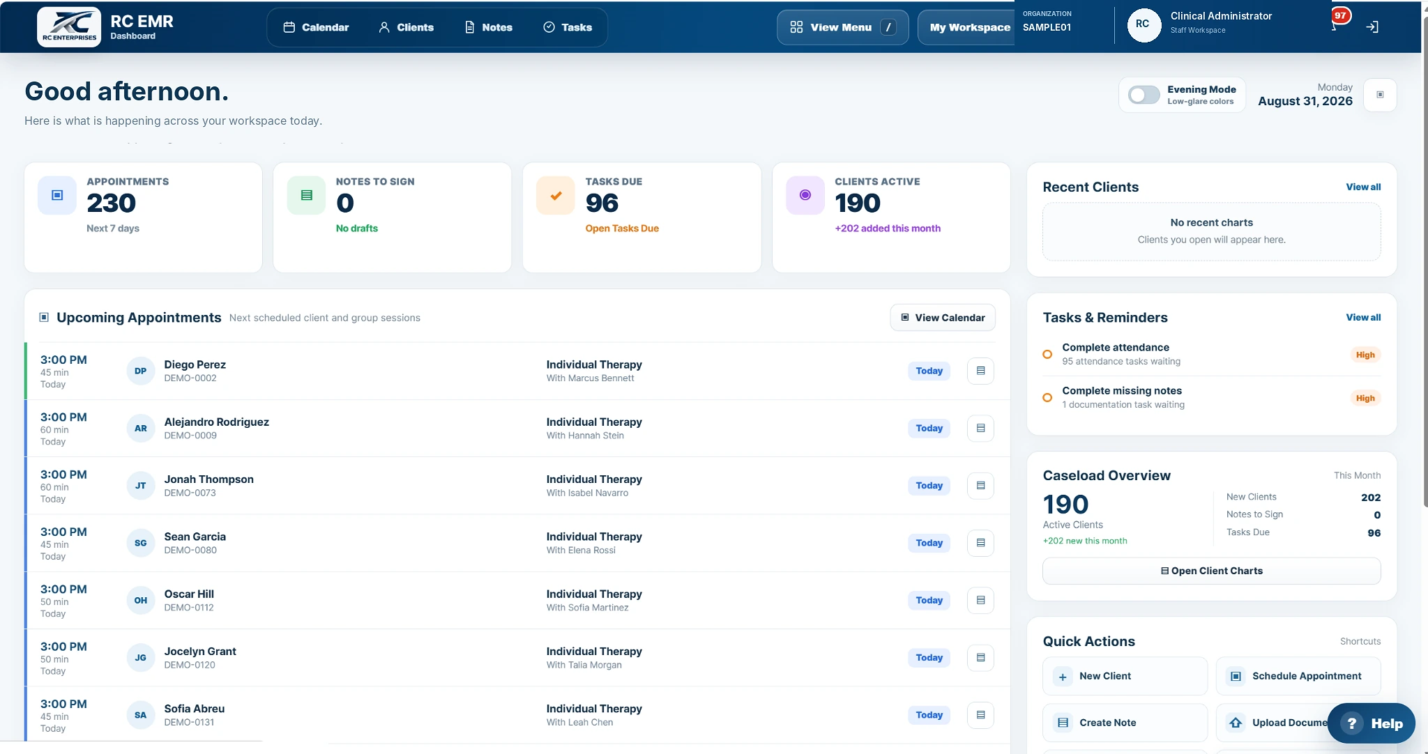 RC EMR dashboard showing appointments, tasks, recent clients and caseload information