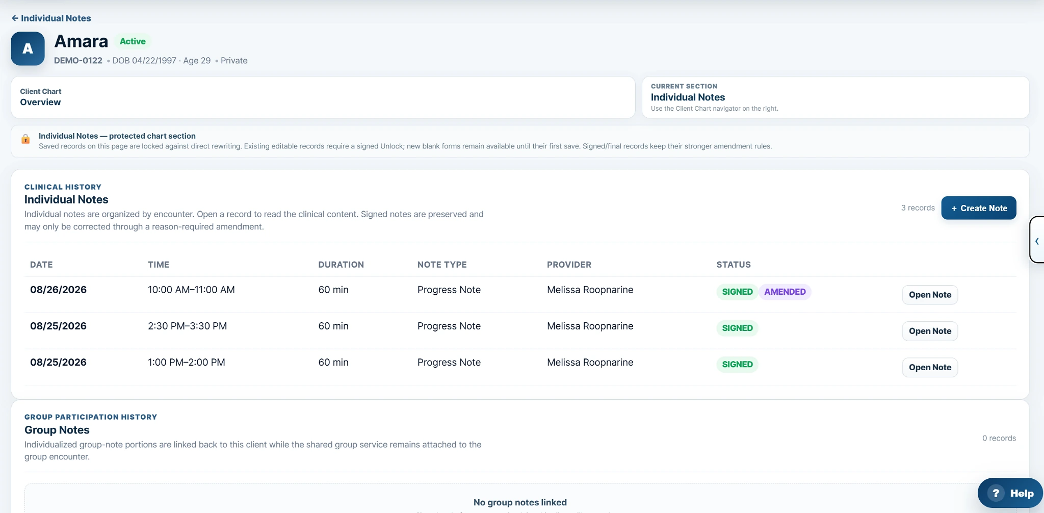 RC EMR individual notes history with signed and amended status indicators