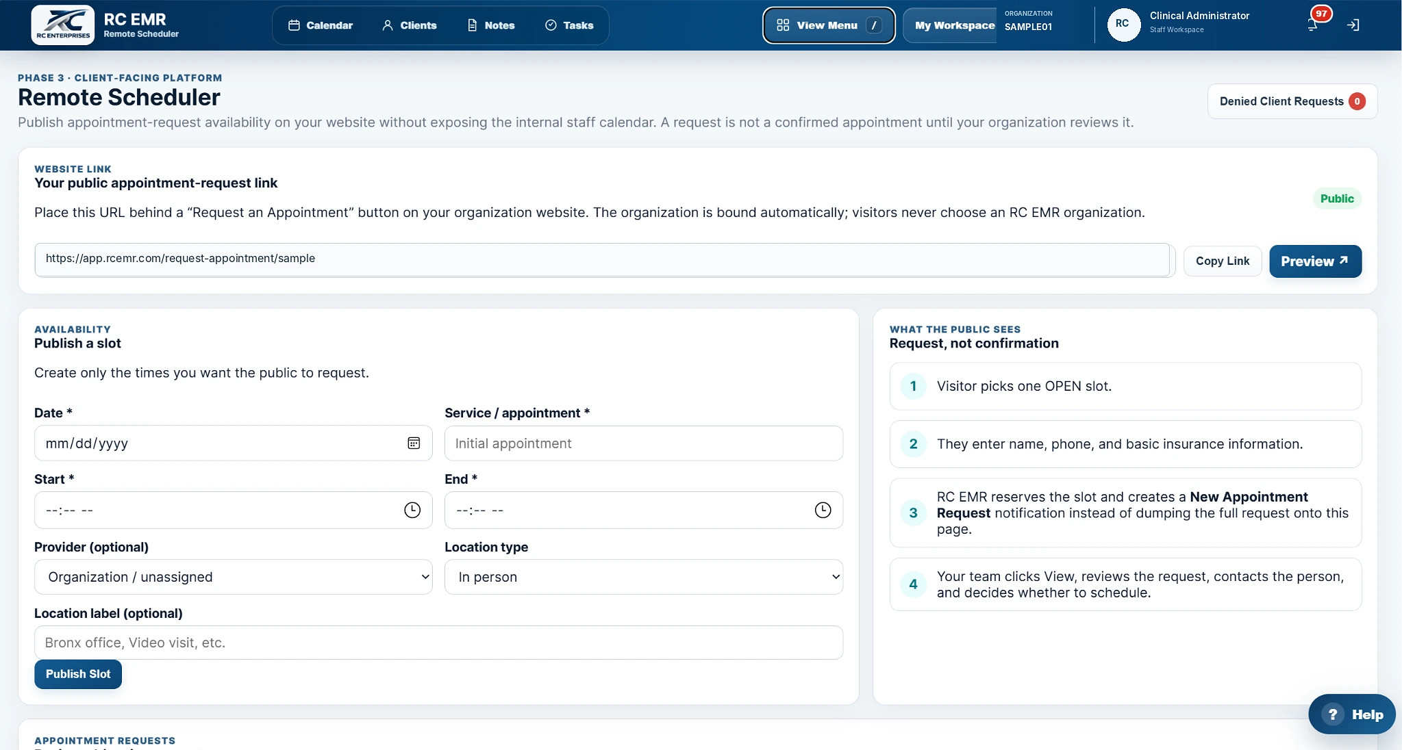 RC EMR remote scheduler for publishing appointment-request availability