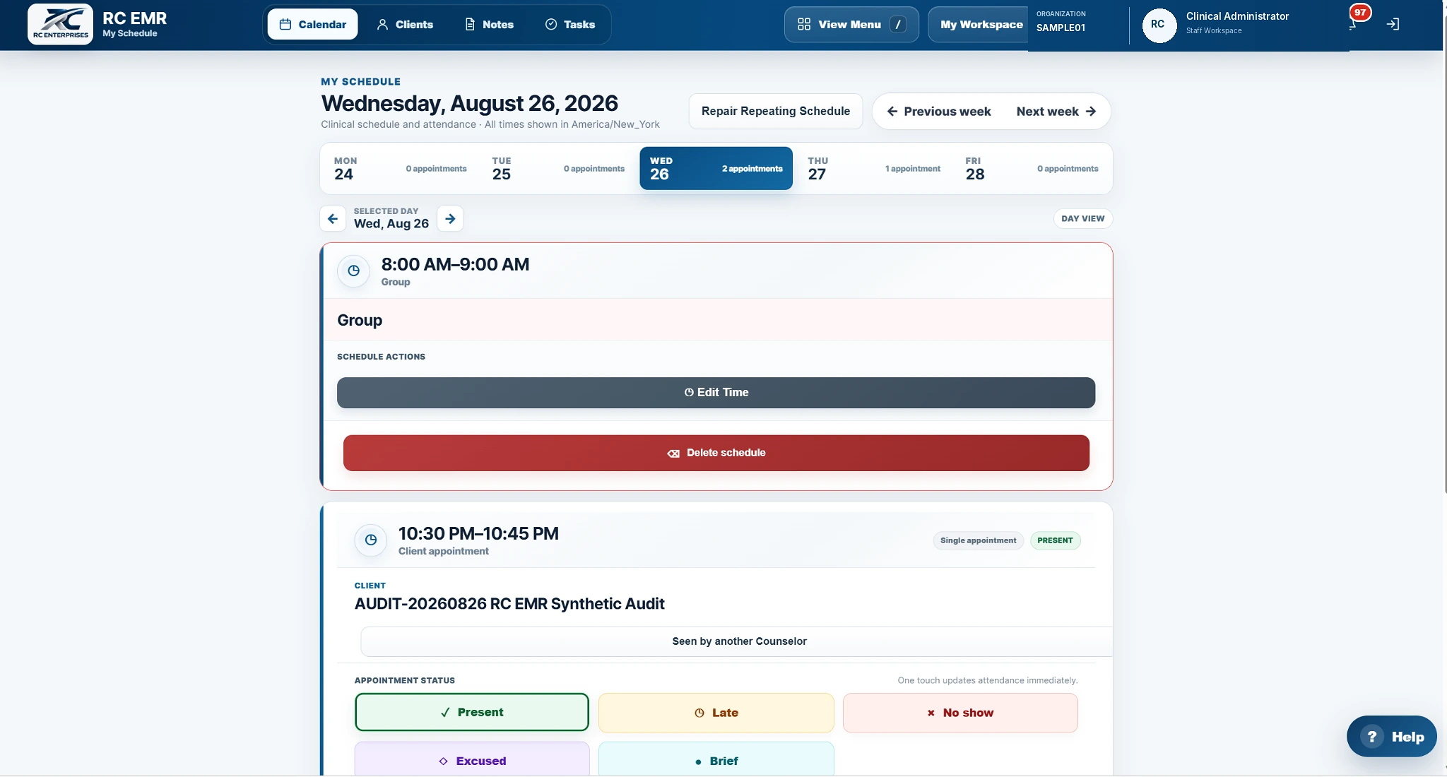 RC EMR schedule day view with appointment attendance actions