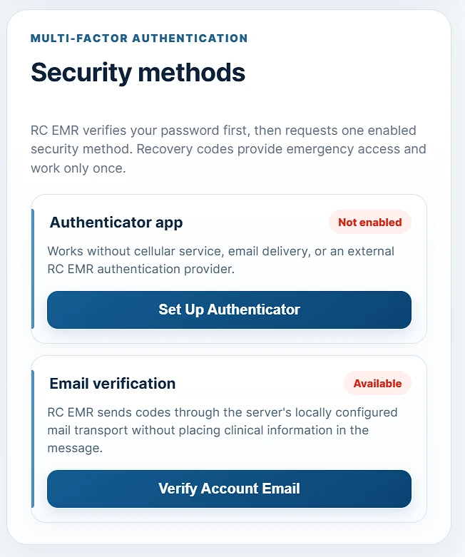 RC EMR multi-factor authentication methods