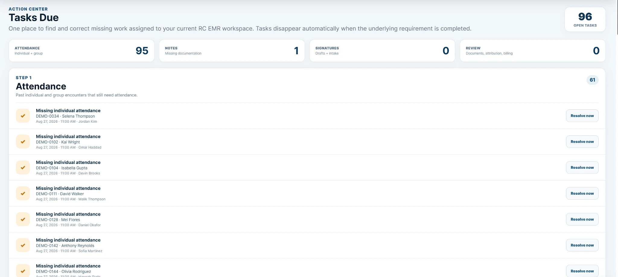 RC EMR Tasks Due action center with attendance and documentation work queues