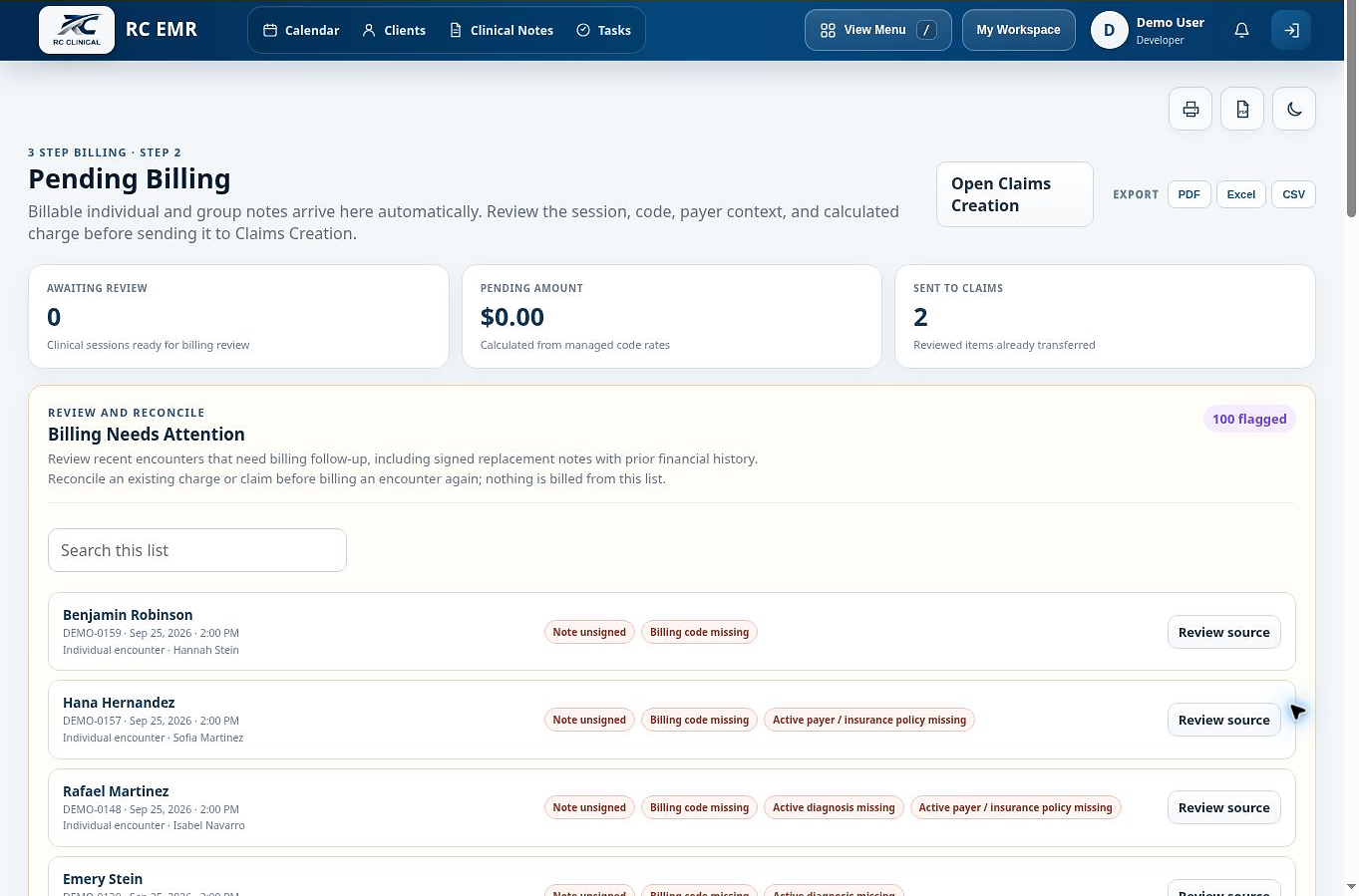 Step 2: Pending billing in RC EMR
