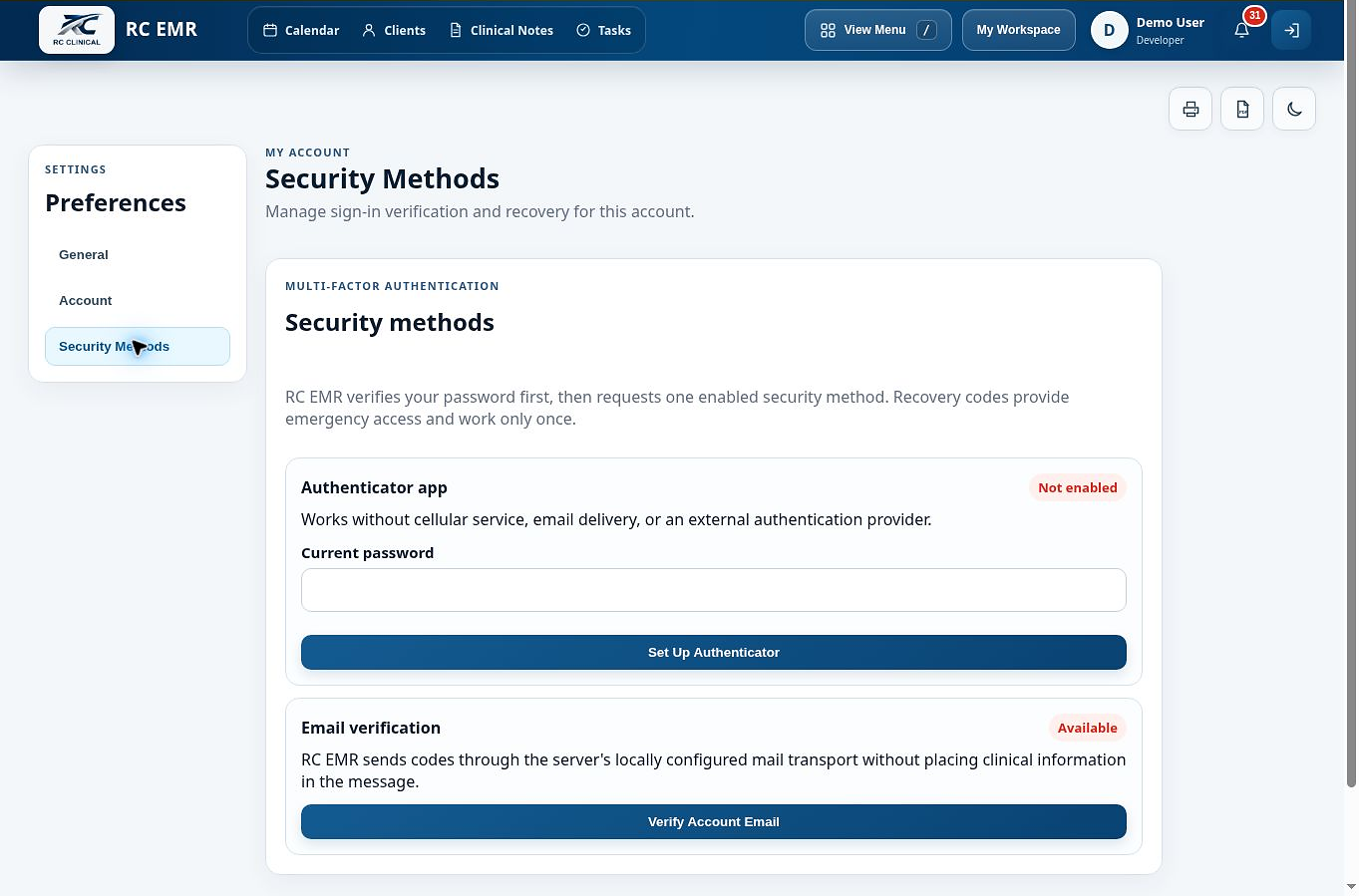 Multi-factor authentication in RC EMR