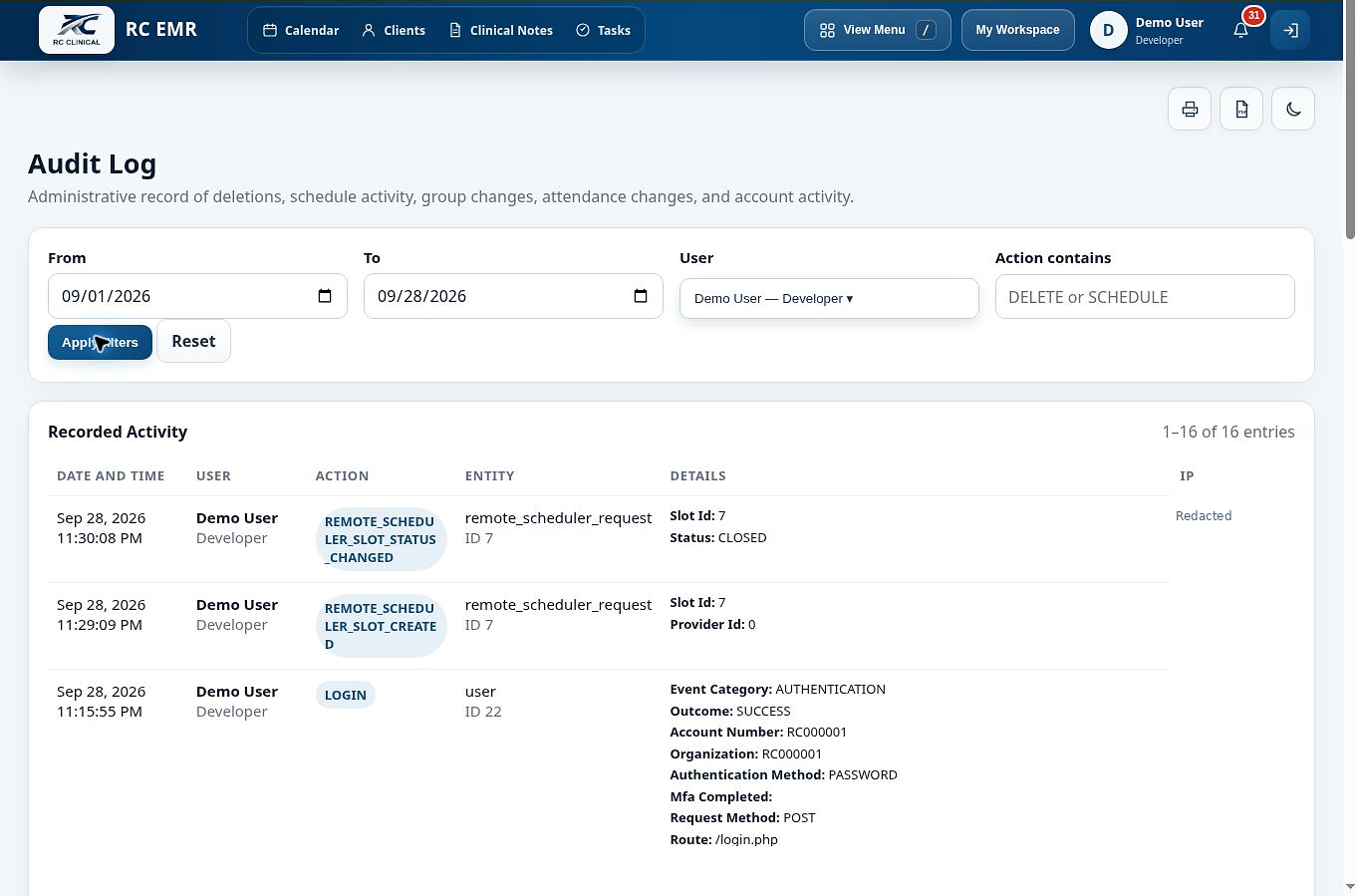 Audit history in RC EMR