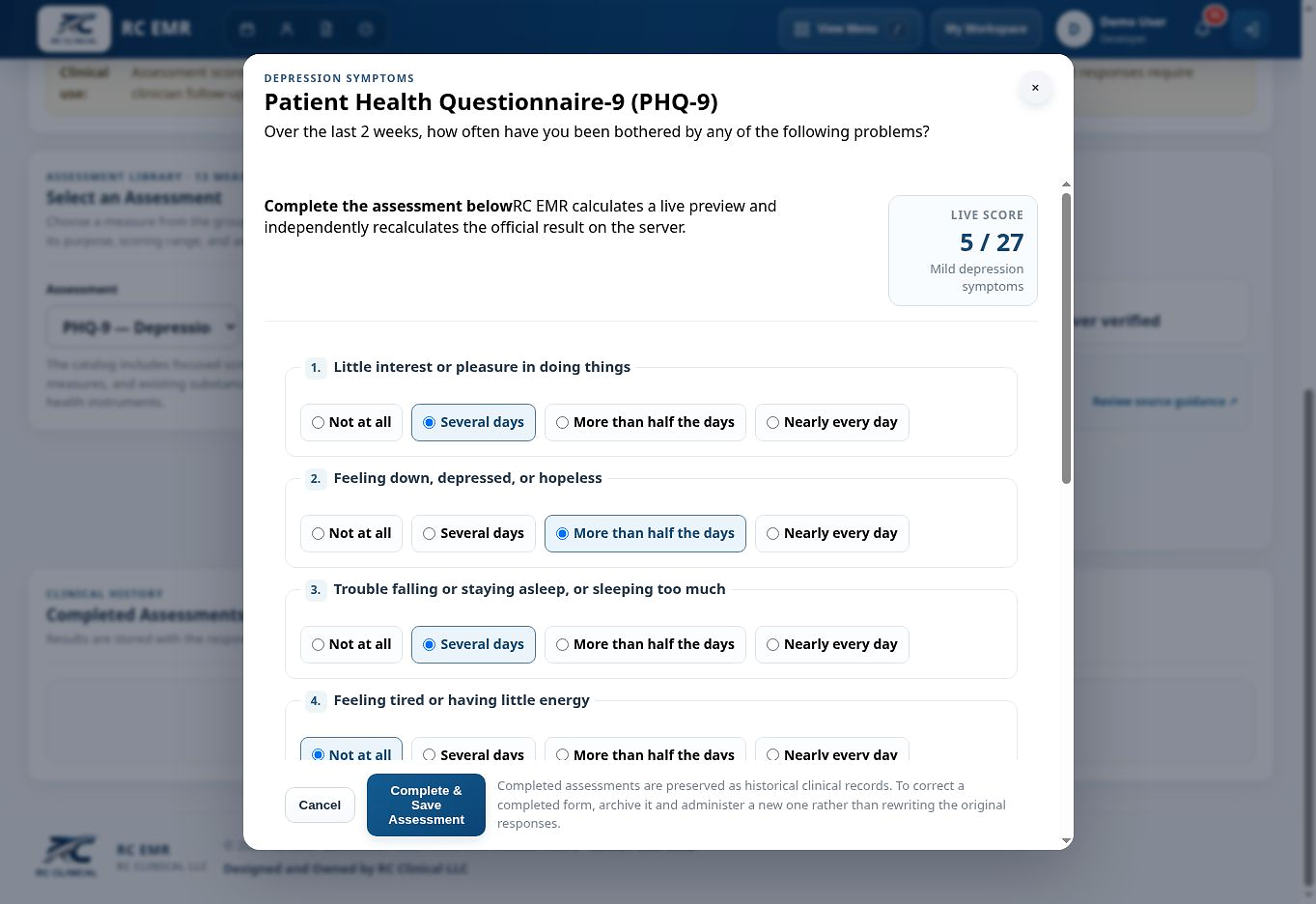 Live assessment scoring in RC EMR