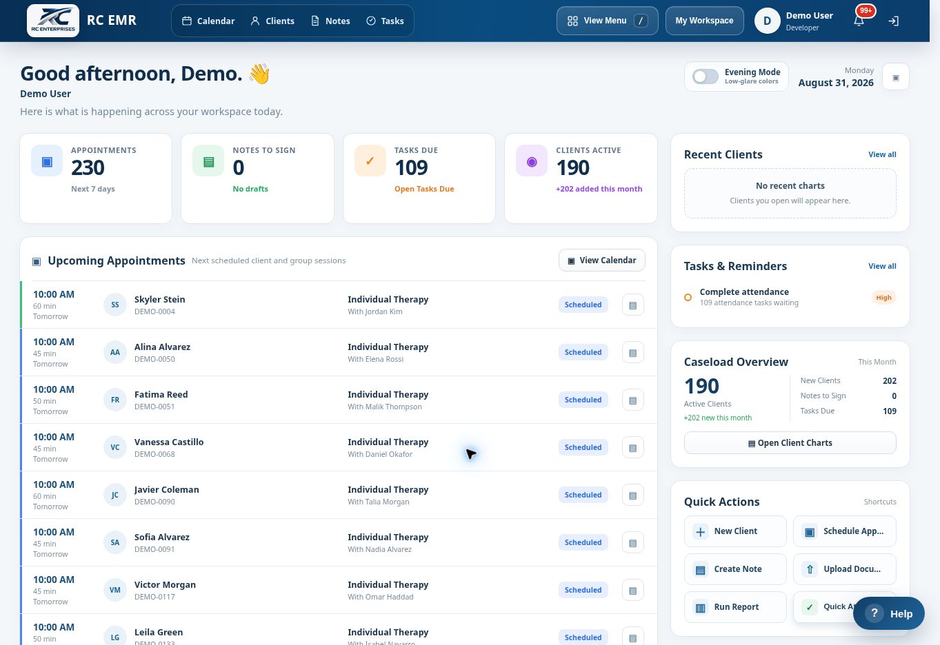 RC EMR dashboard with appointments, tasks, recent clients, caseload and quick actions