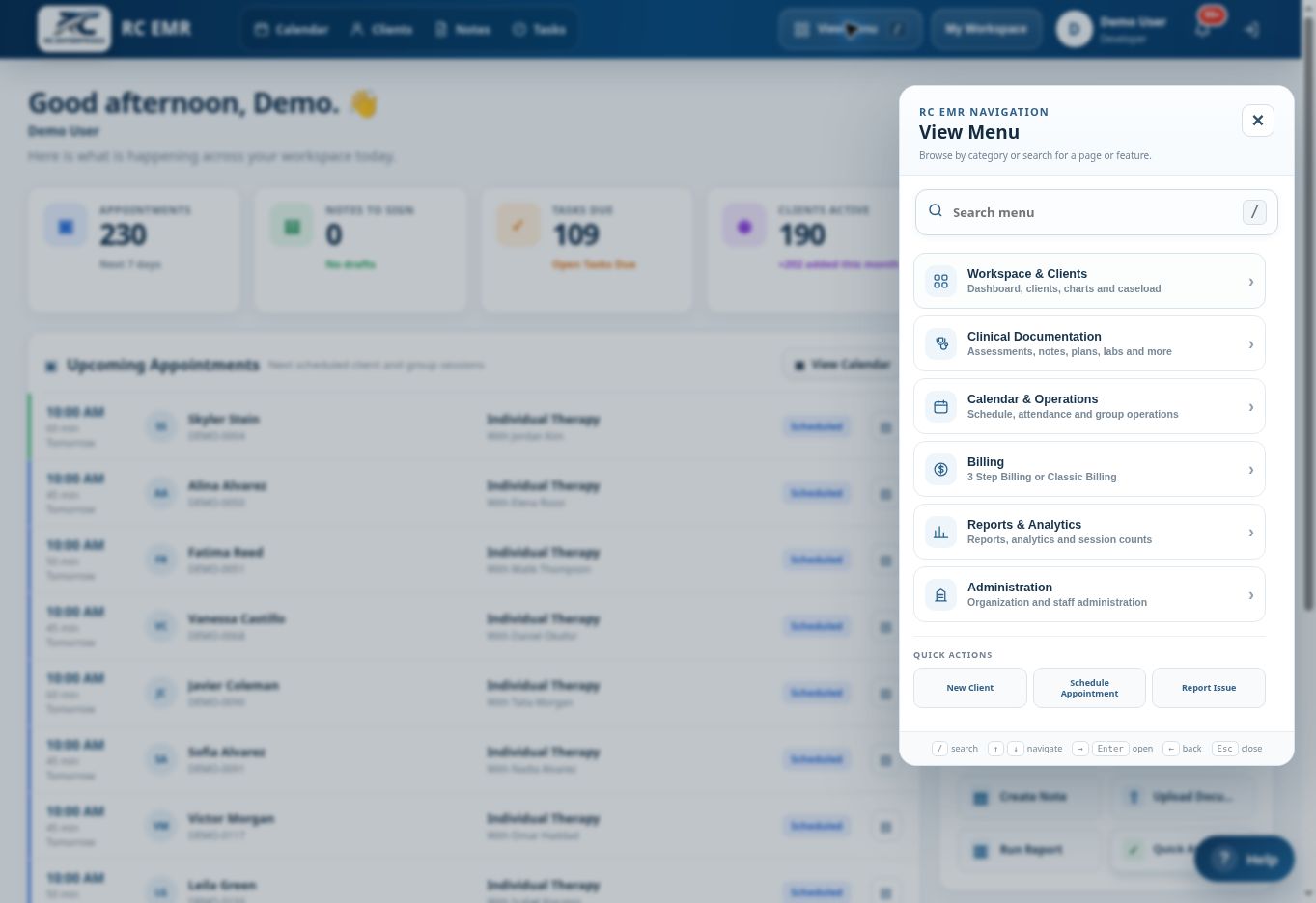 RC EMR navigation menu