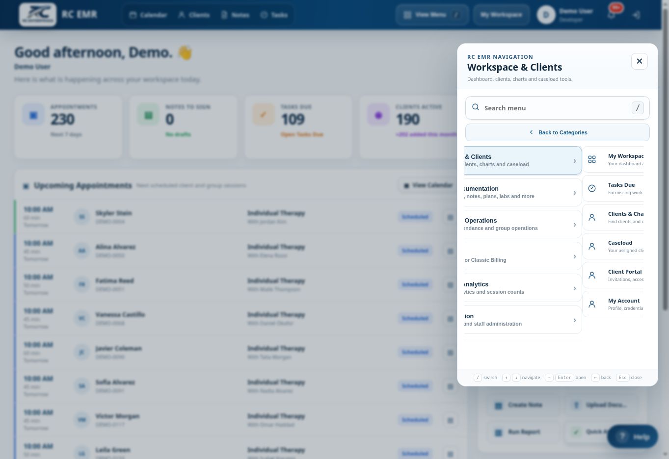 RC EMR Menu Workspace Clients interface