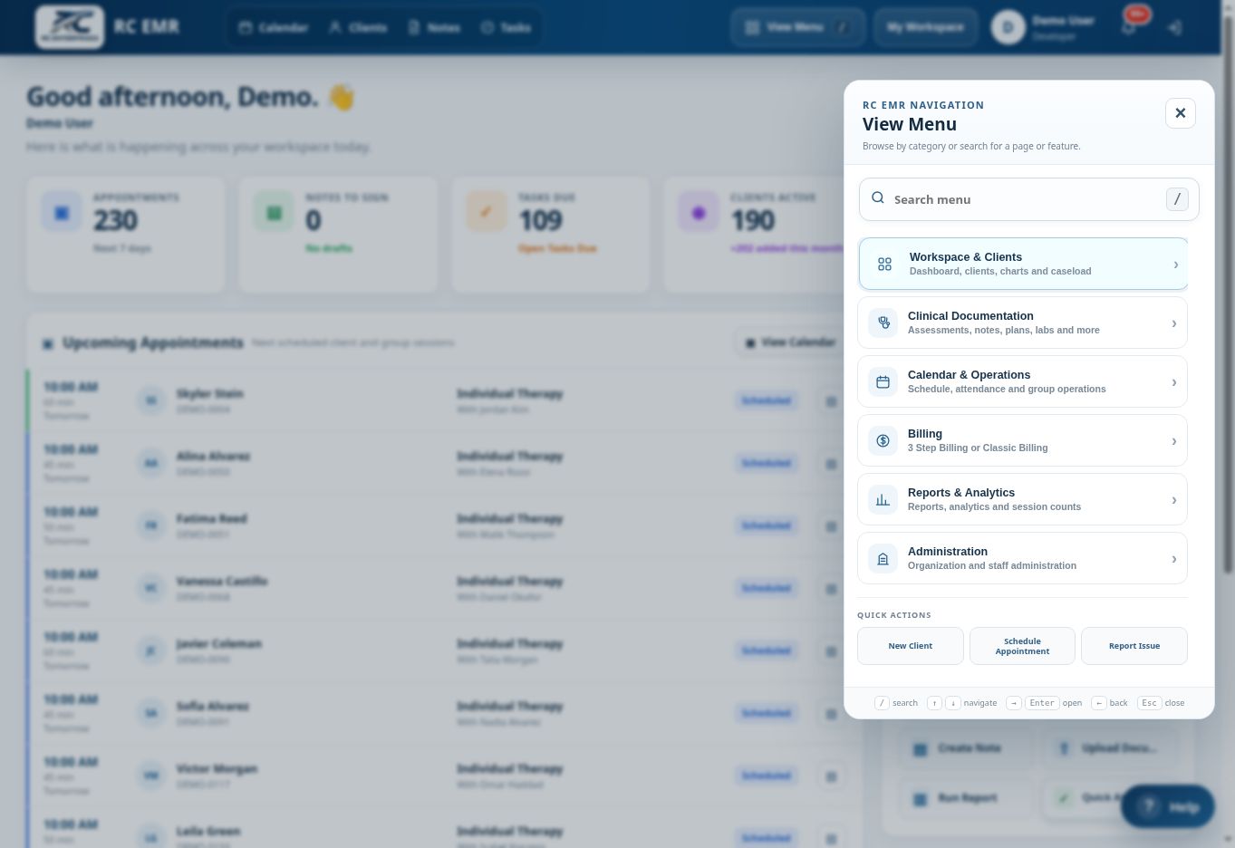 RC EMR Menu Administration interface