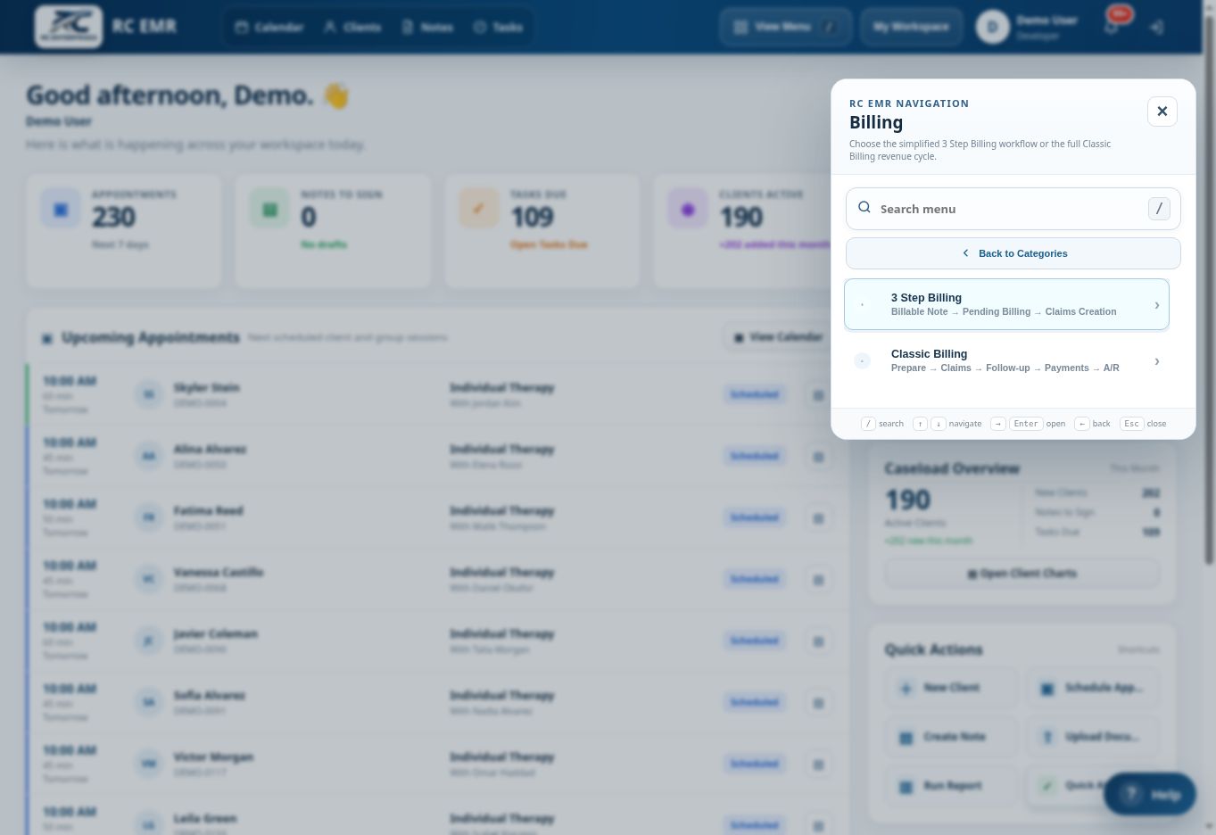 RC EMR Menu Billing 3 Step interface