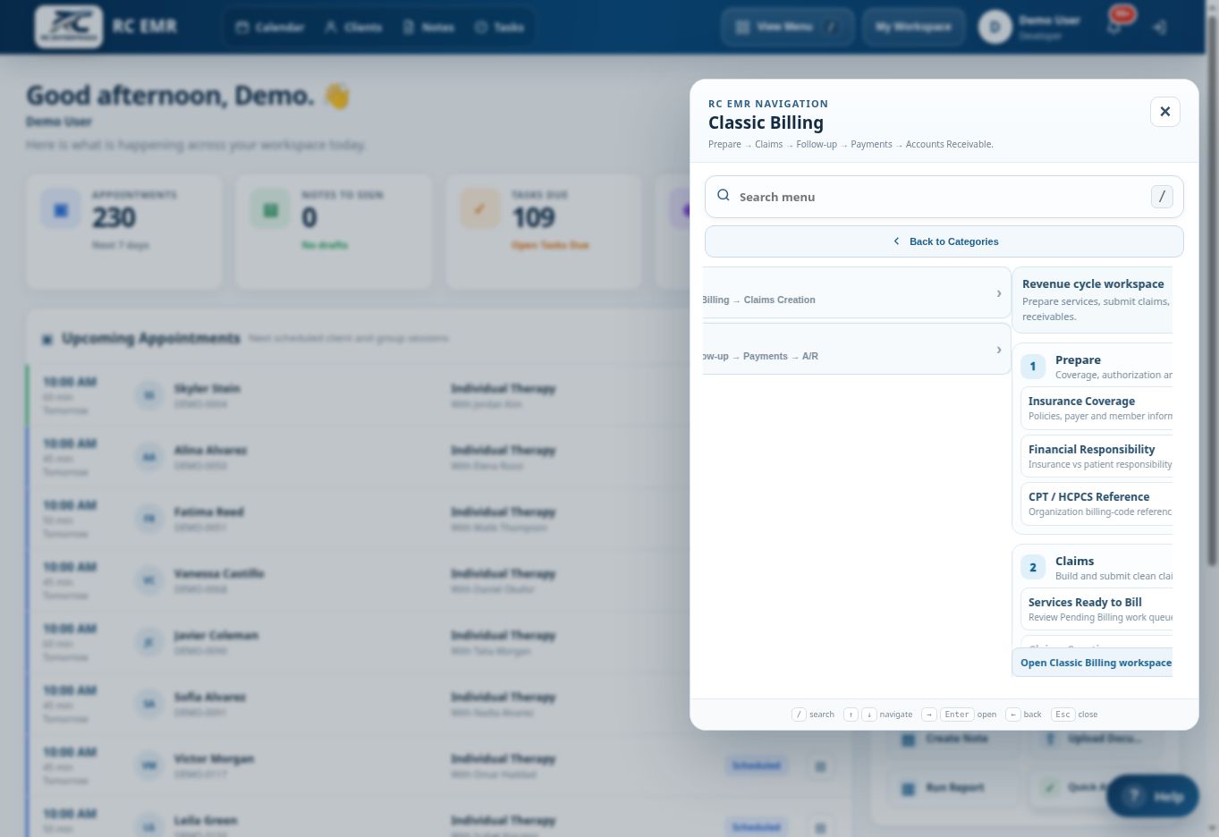 RC EMR Menu Billing Classic interface
