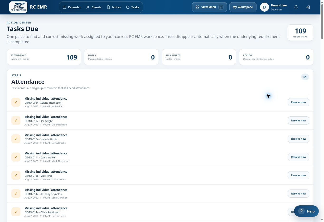 RC EMR Tasks Due action center