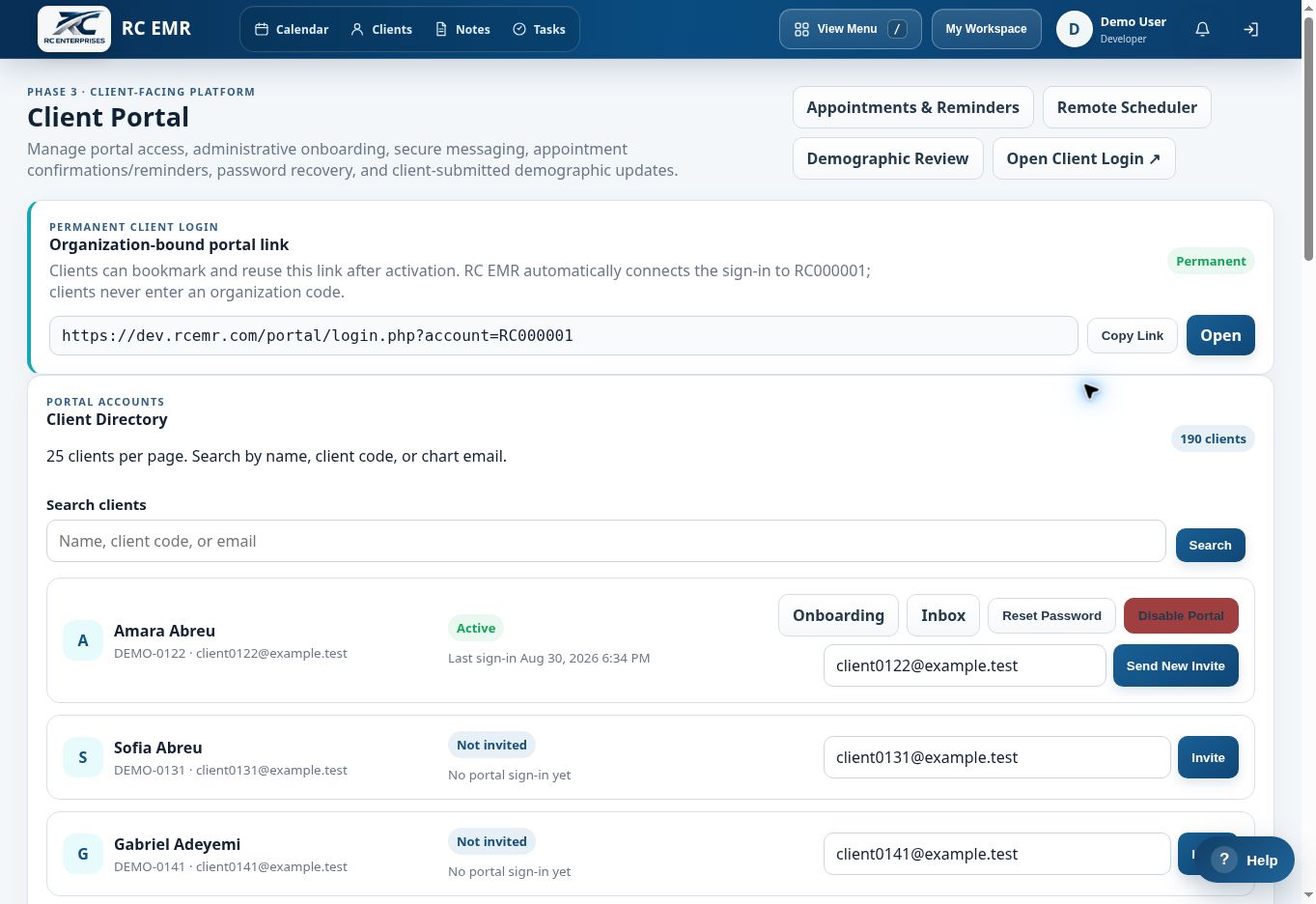 RC EMR client portal administration