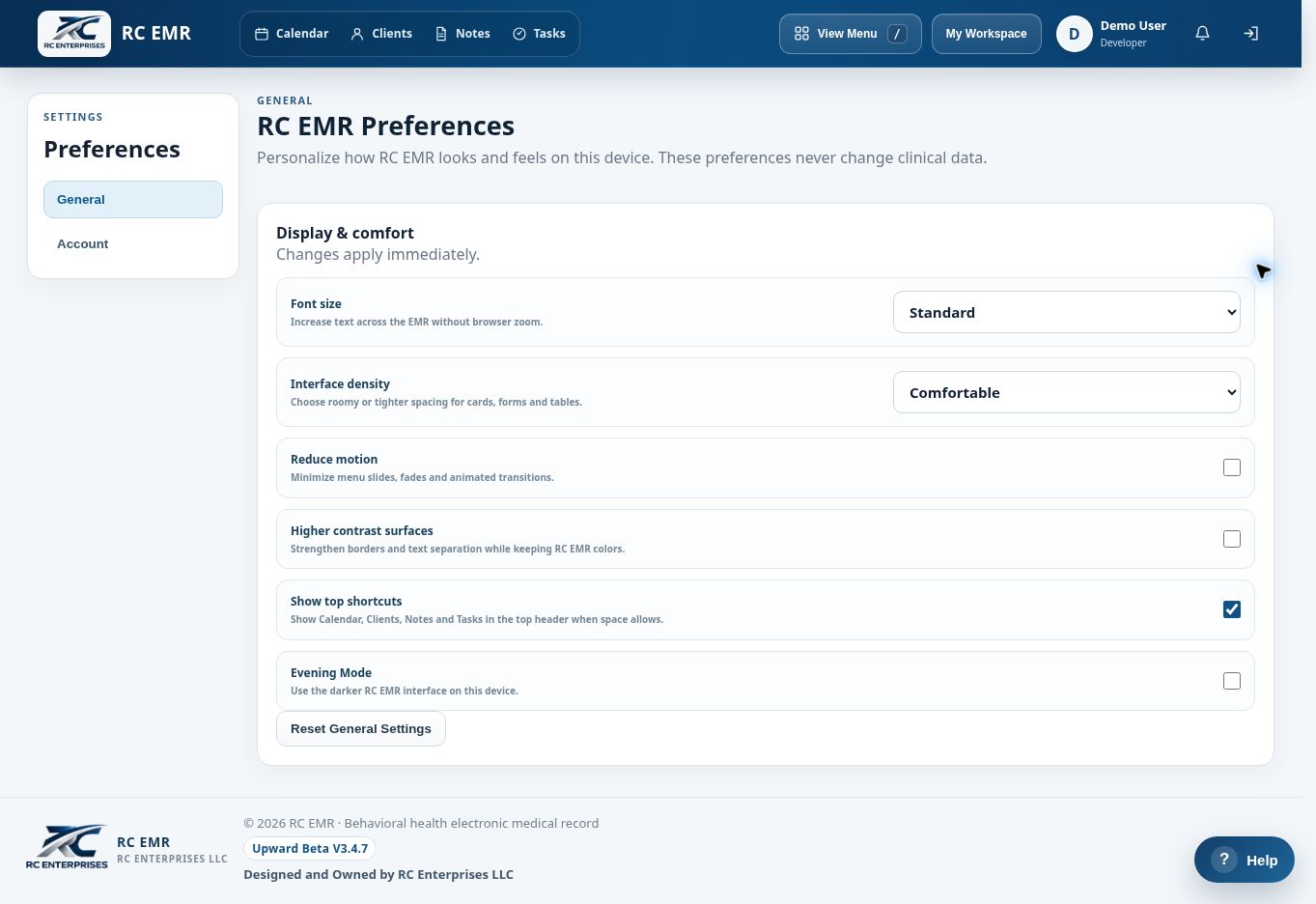 RC EMR account preferences