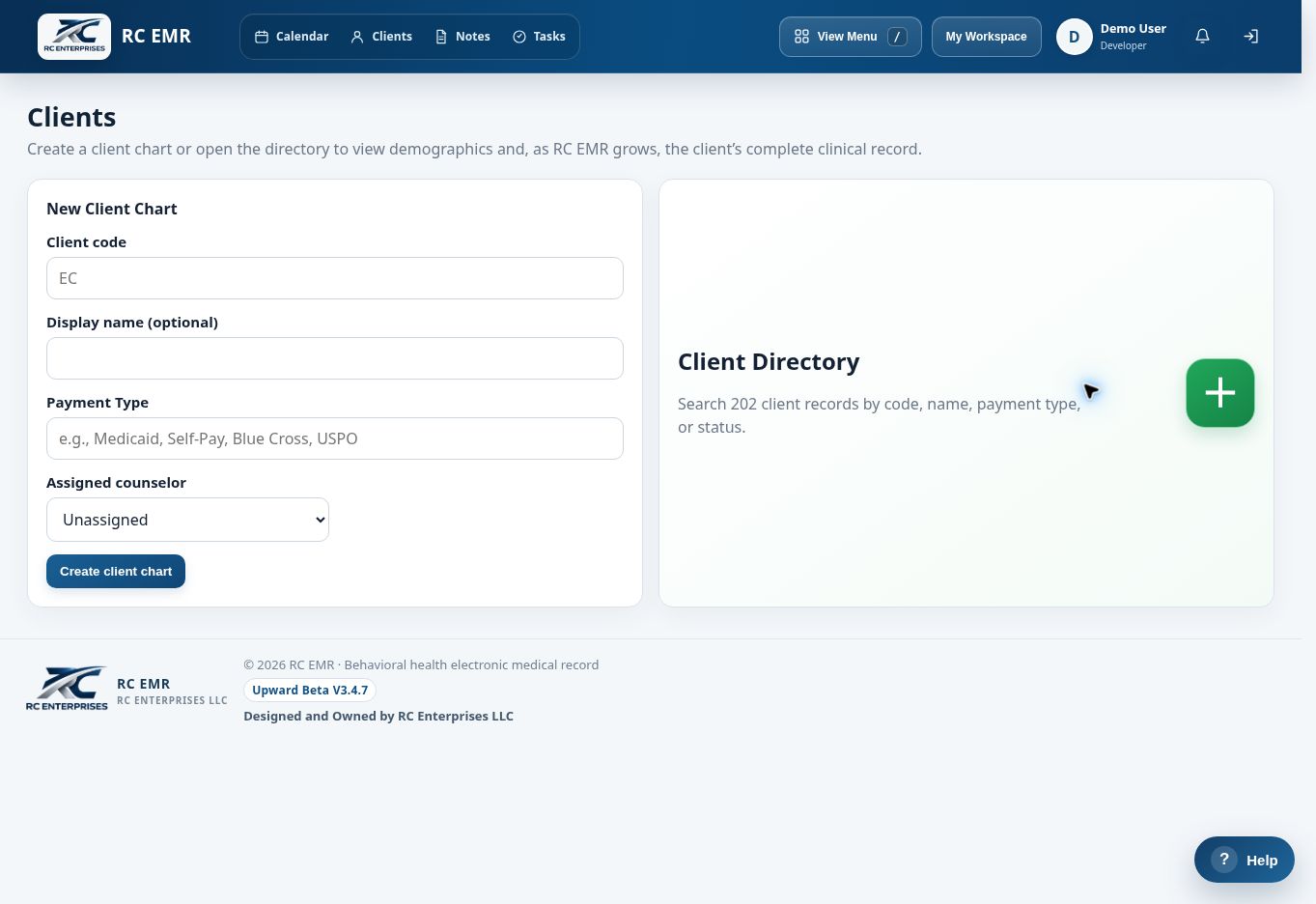 RC EMR New Client Form interface