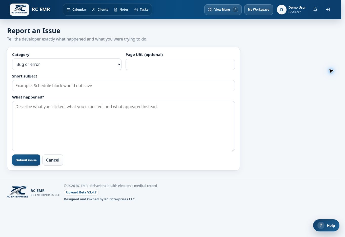 RC EMR Report Issue interface