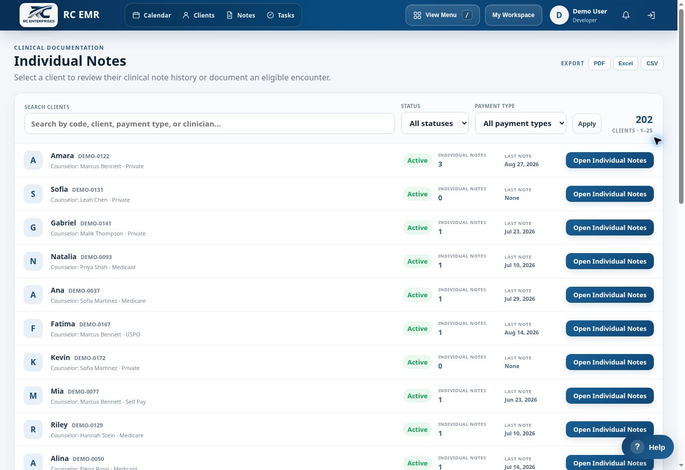 RC EMR Individual Notes interface