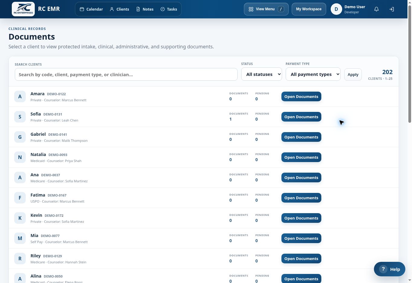 RC EMR Documents interface