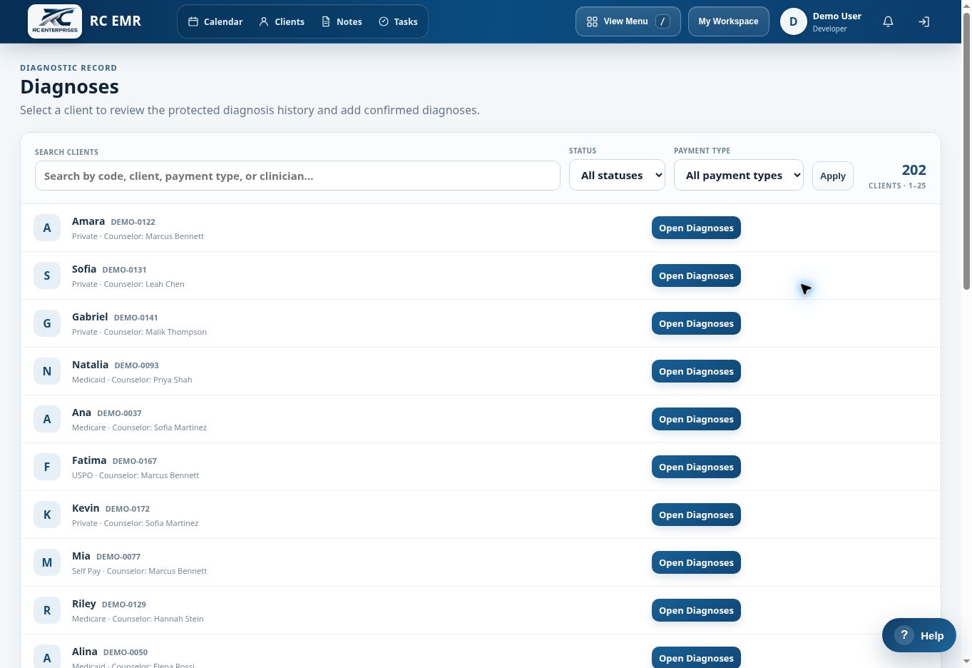 RC EMR Diagnoses interface