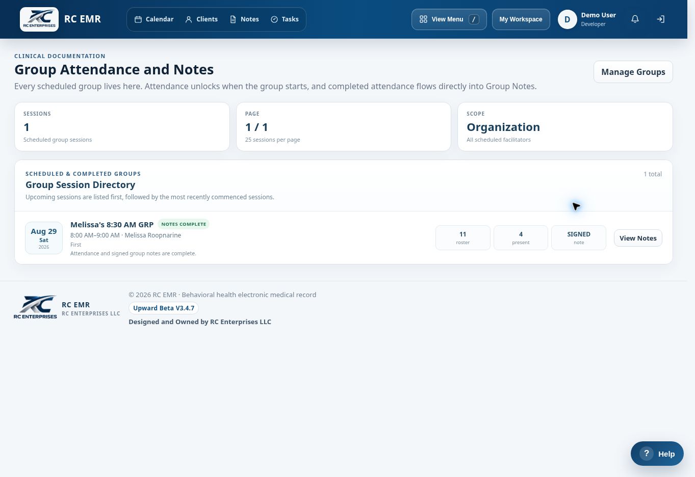 RC EMR Group Attendance And Notes interface