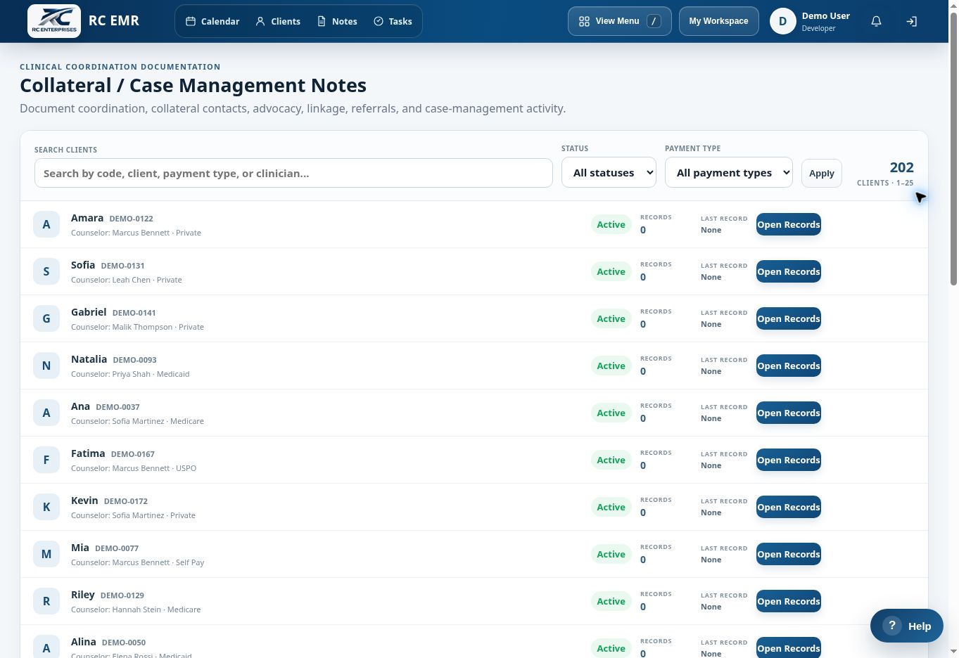 RC EMR Collateral Case Management interface