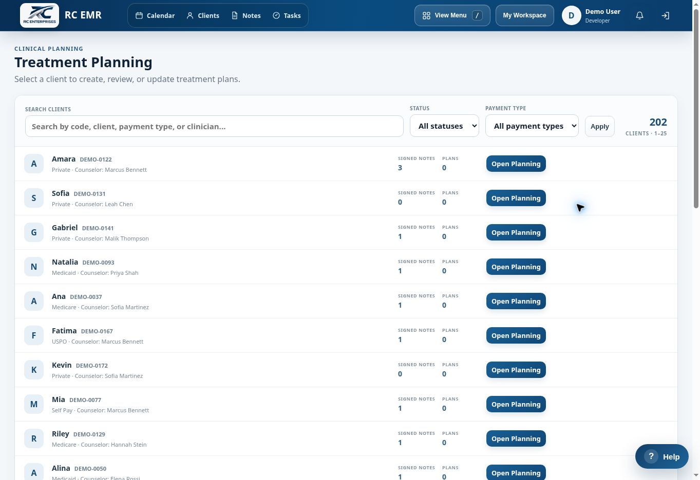 RC EMR Treatment Planning interface