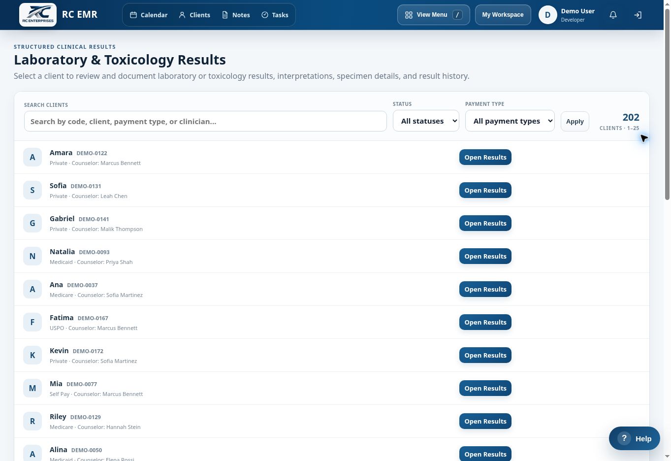 RC EMR Laboratory Toxicology interface