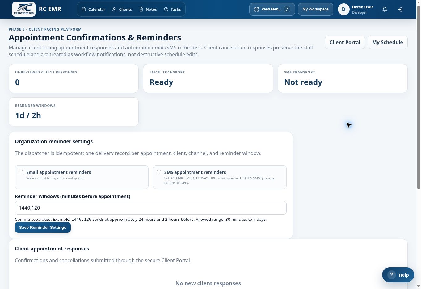 RC EMR Appointment Responses interface