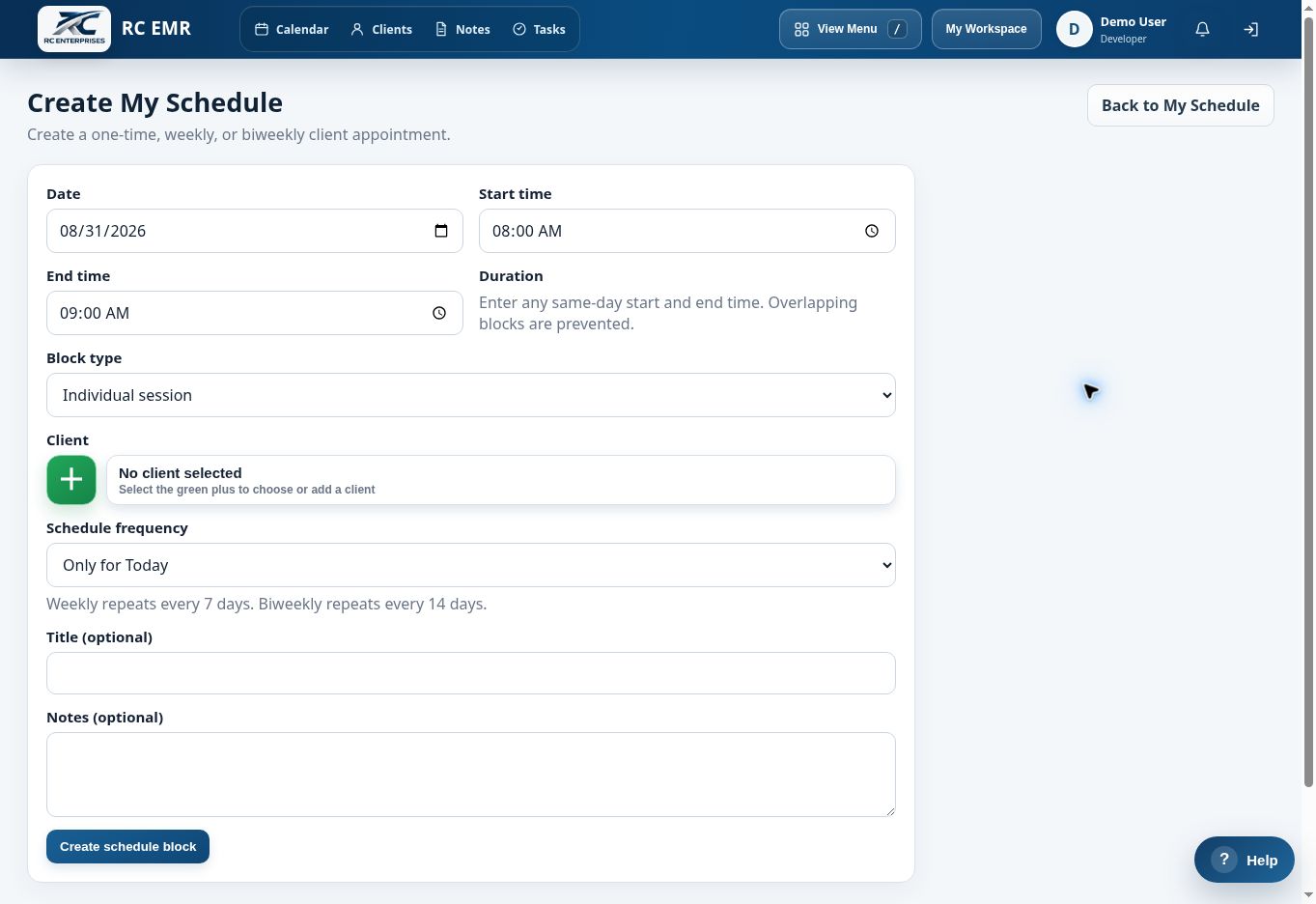 RC EMR Create Appointment interface