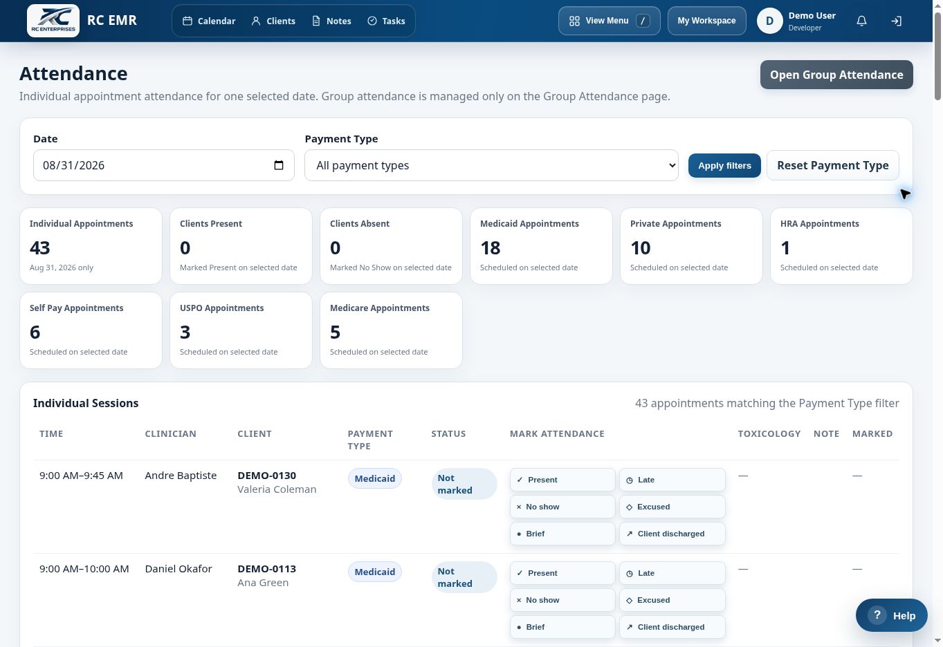 RC EMR attendance workspace