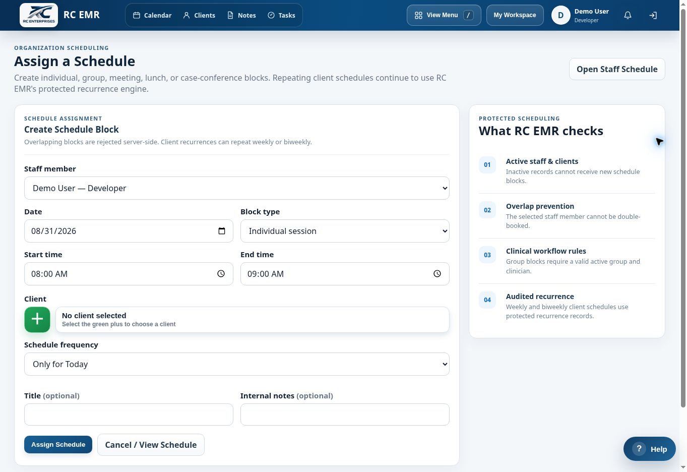 RC EMR Assign A Schedule interface
