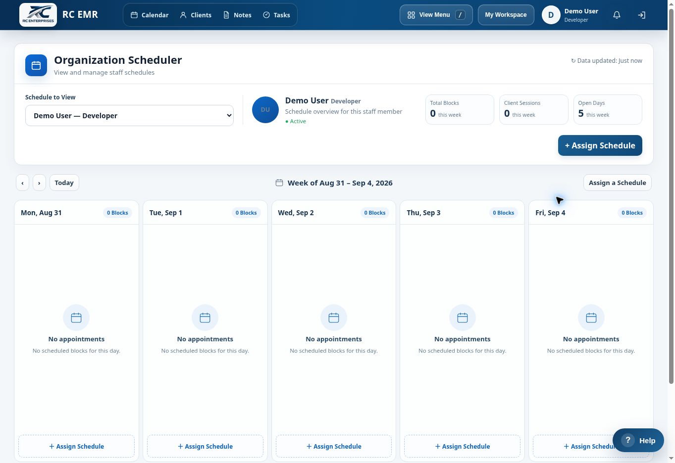 RC EMR Staff Schedule interface