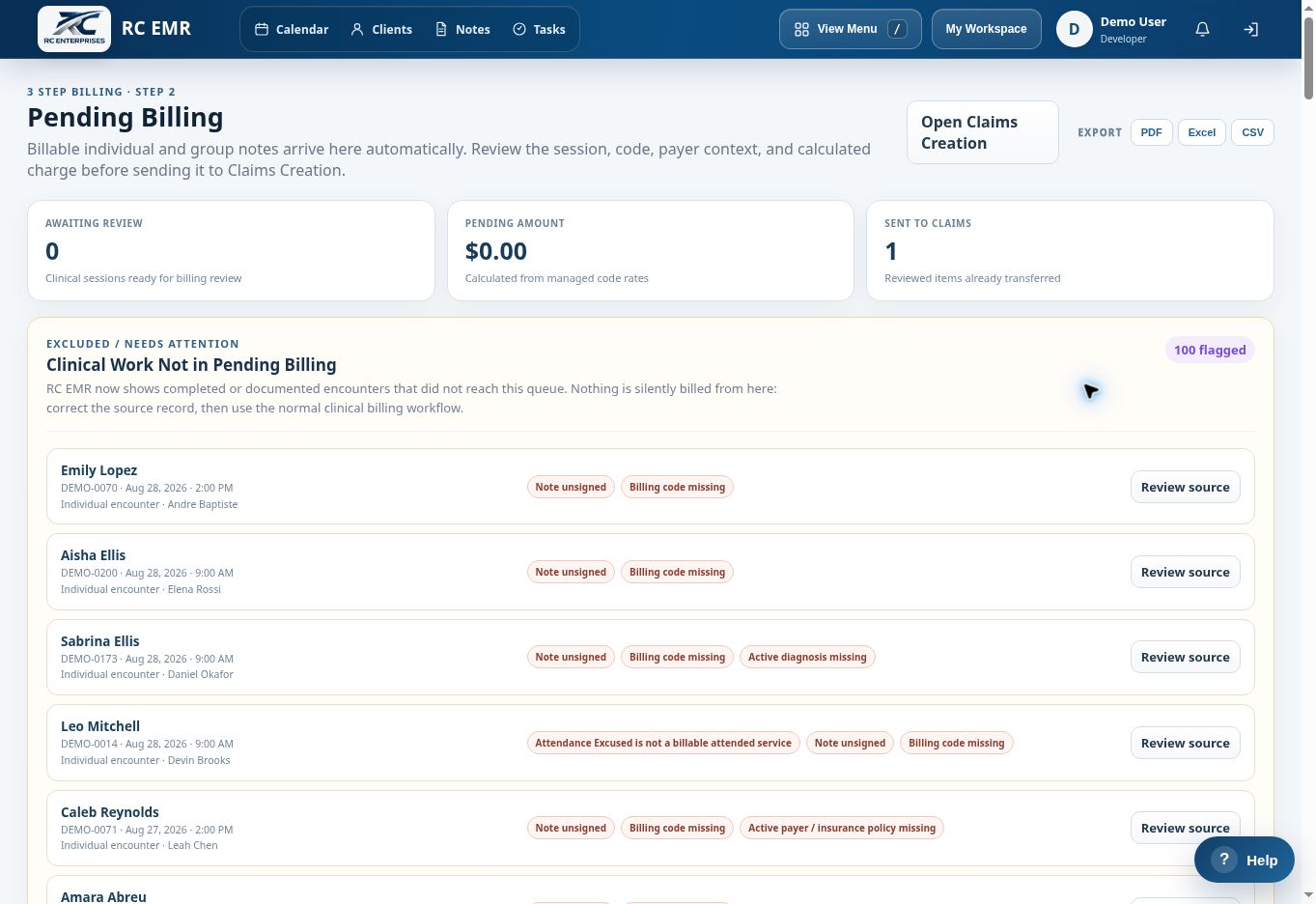 RC EMR Three Step 2 Pending Billing interface