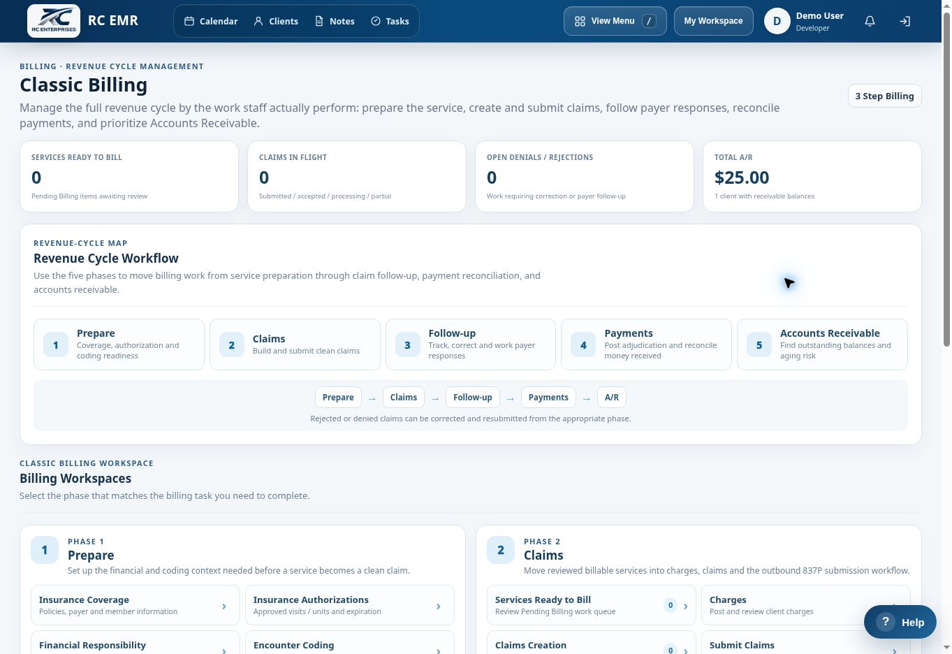 RC EMR Classic Billing workspace