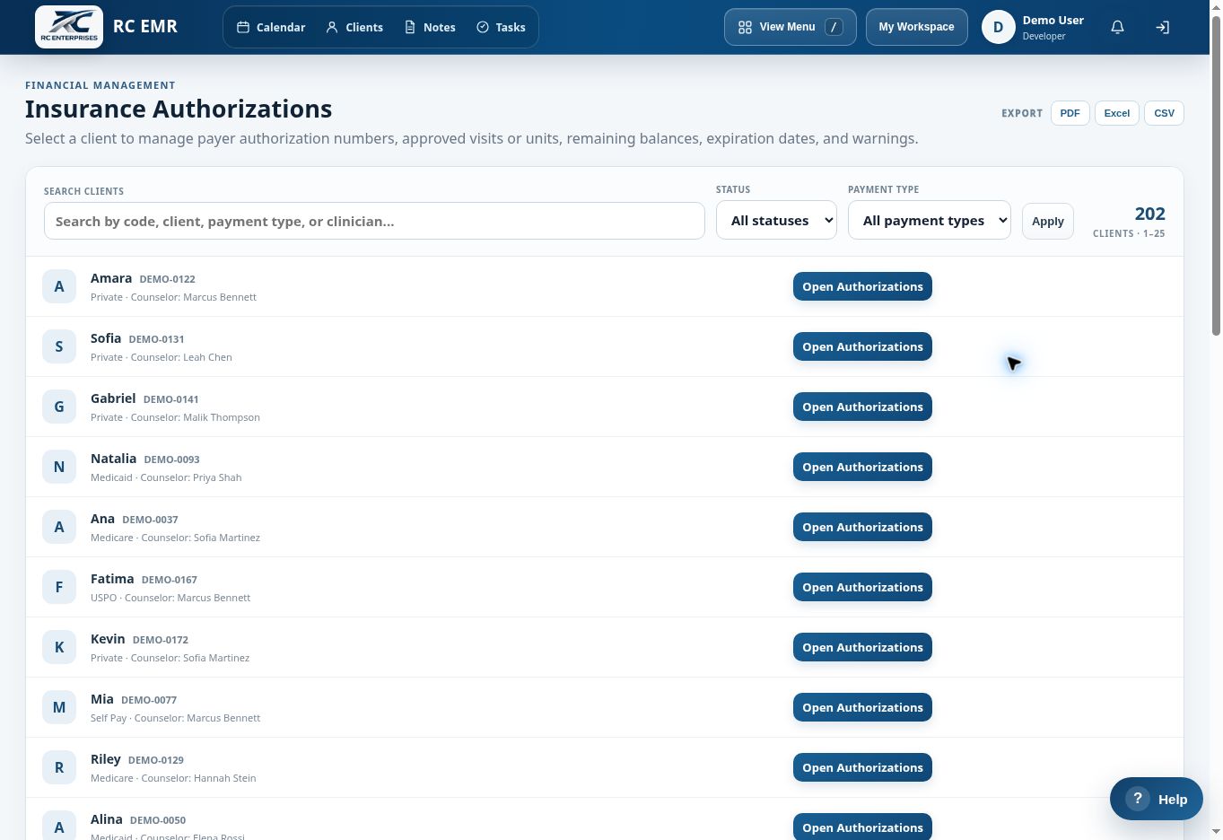RC EMR Insurance Authorizations interface