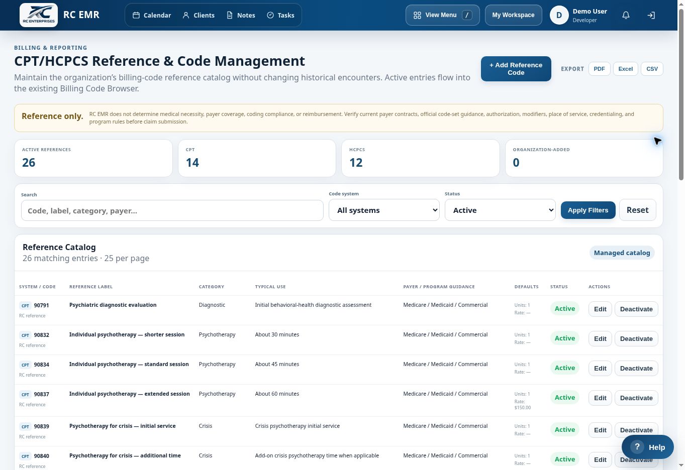 RC EMR CPT / HCPCS Reference interface