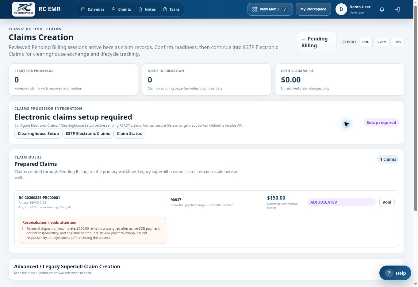 RC EMR Claims Creation interface