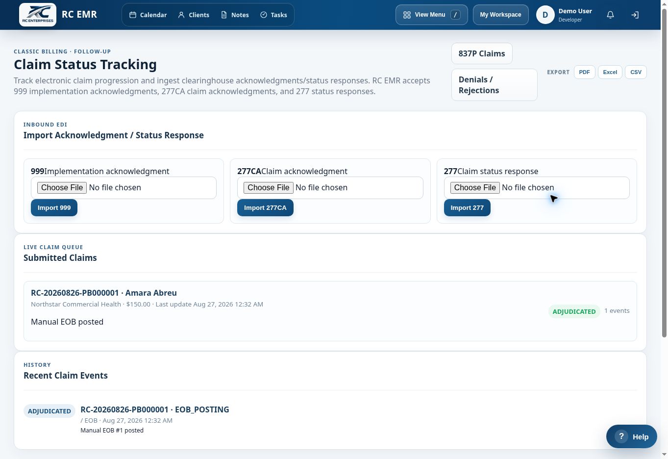 RC EMR Claim Status interface