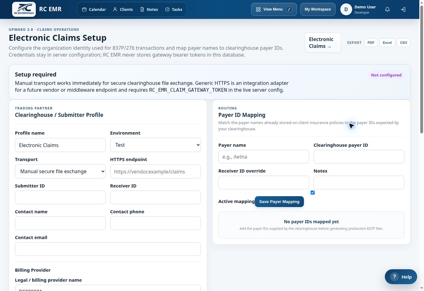 RC EMR Clearinghouse Setup interface