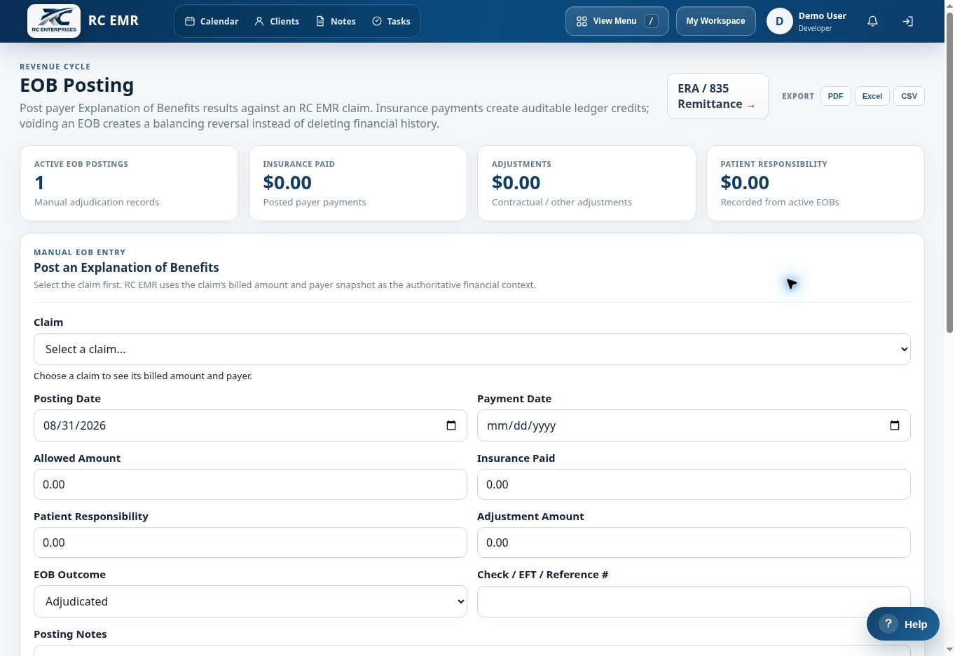 RC EMR EOB Posting interface