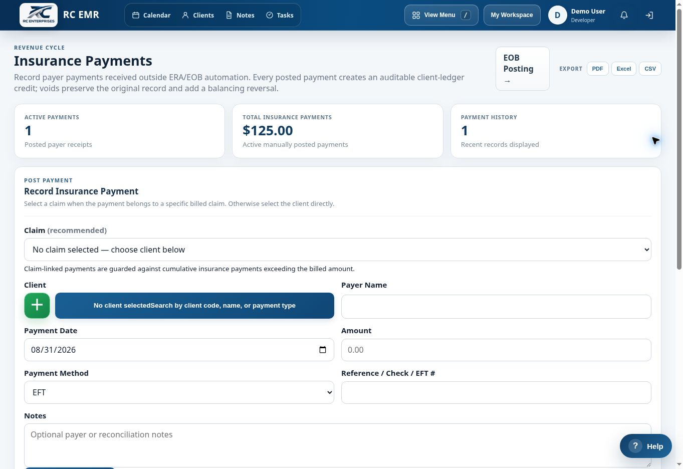 RC EMR Insurance Payments interface