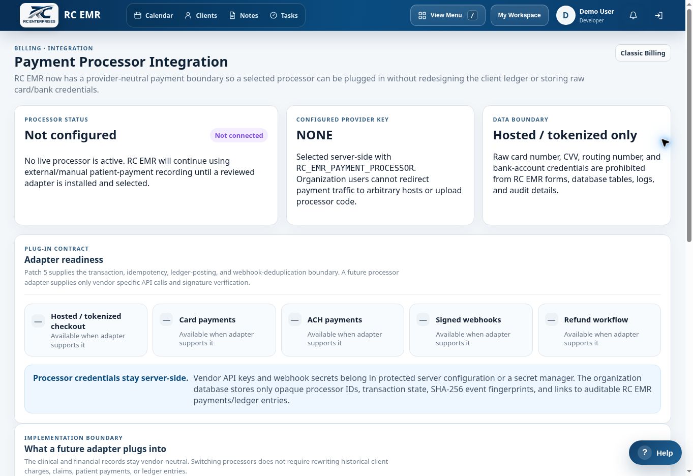 RC EMR Payment Processor Integration interface