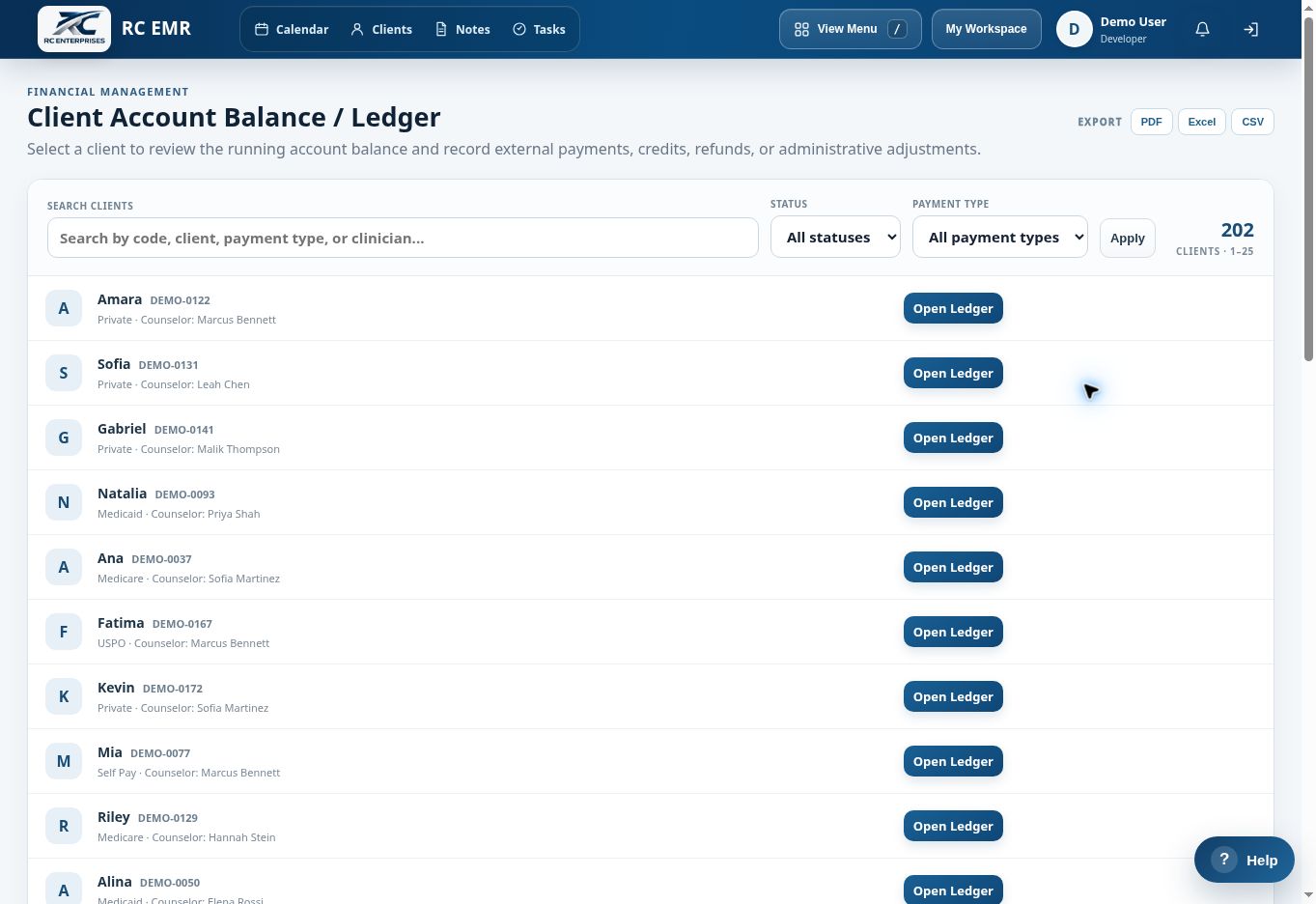 RC EMR Client Account Ledger interface