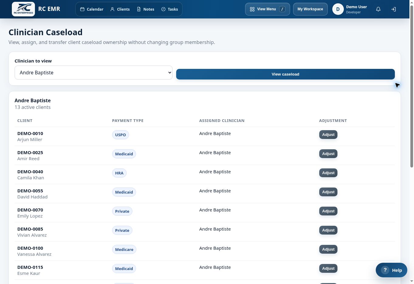 RC EMR Admin Clinician Caseload interface