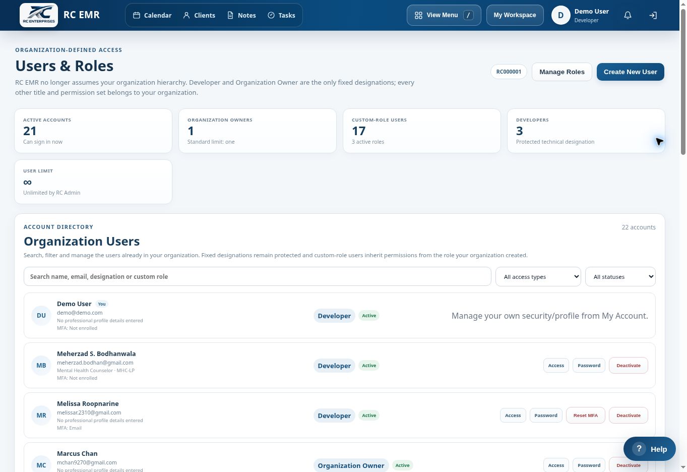 RC EMR users and roles