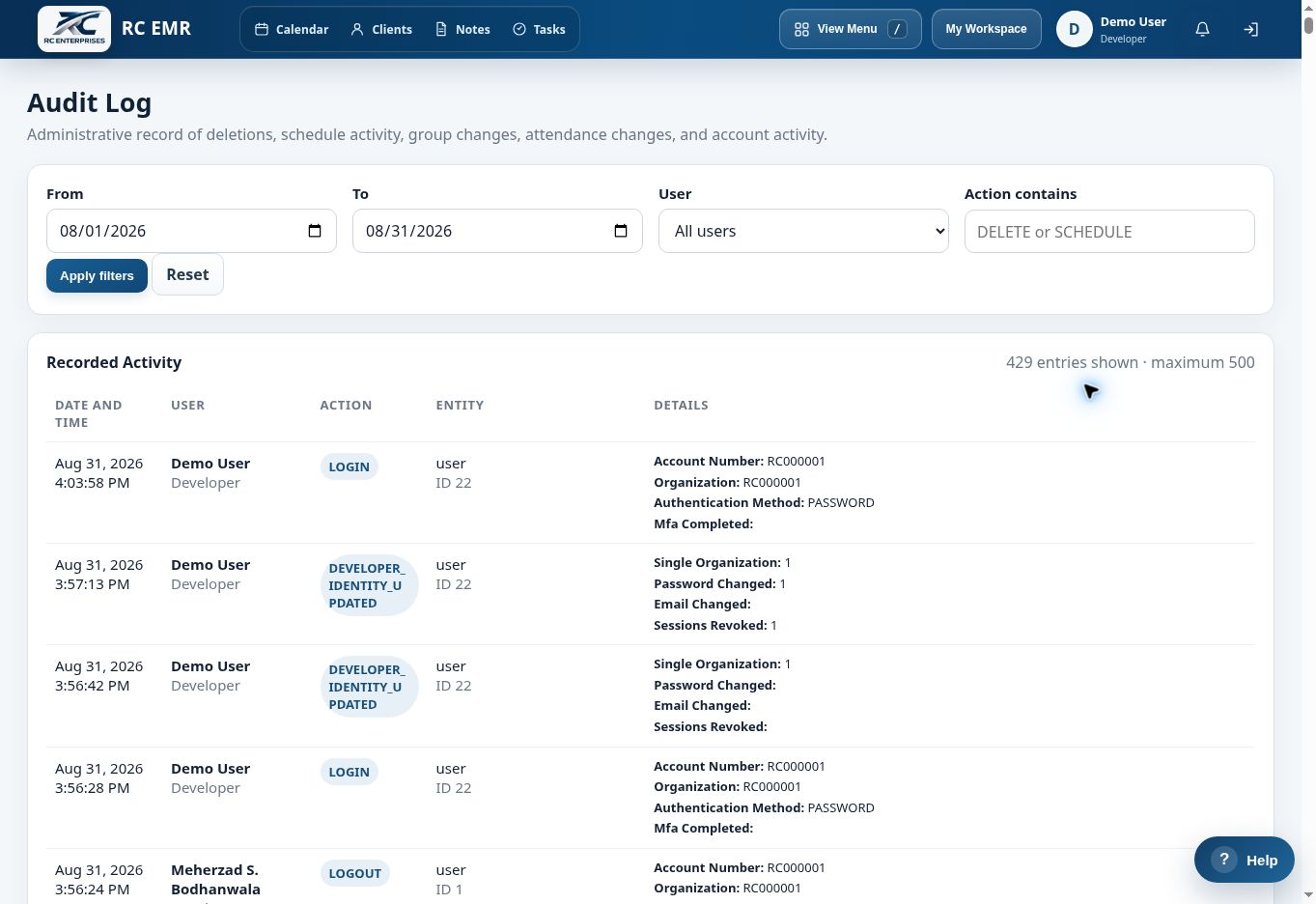 RC EMR audit log